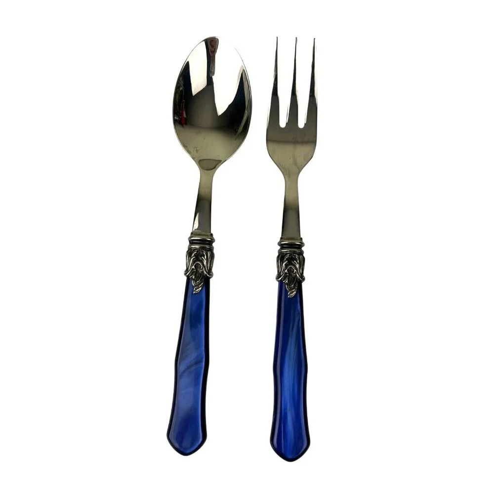 INOX Napoleon 18/10 Made in Italy Blue Stainless Steel Serving Spoon & Fork 9.5